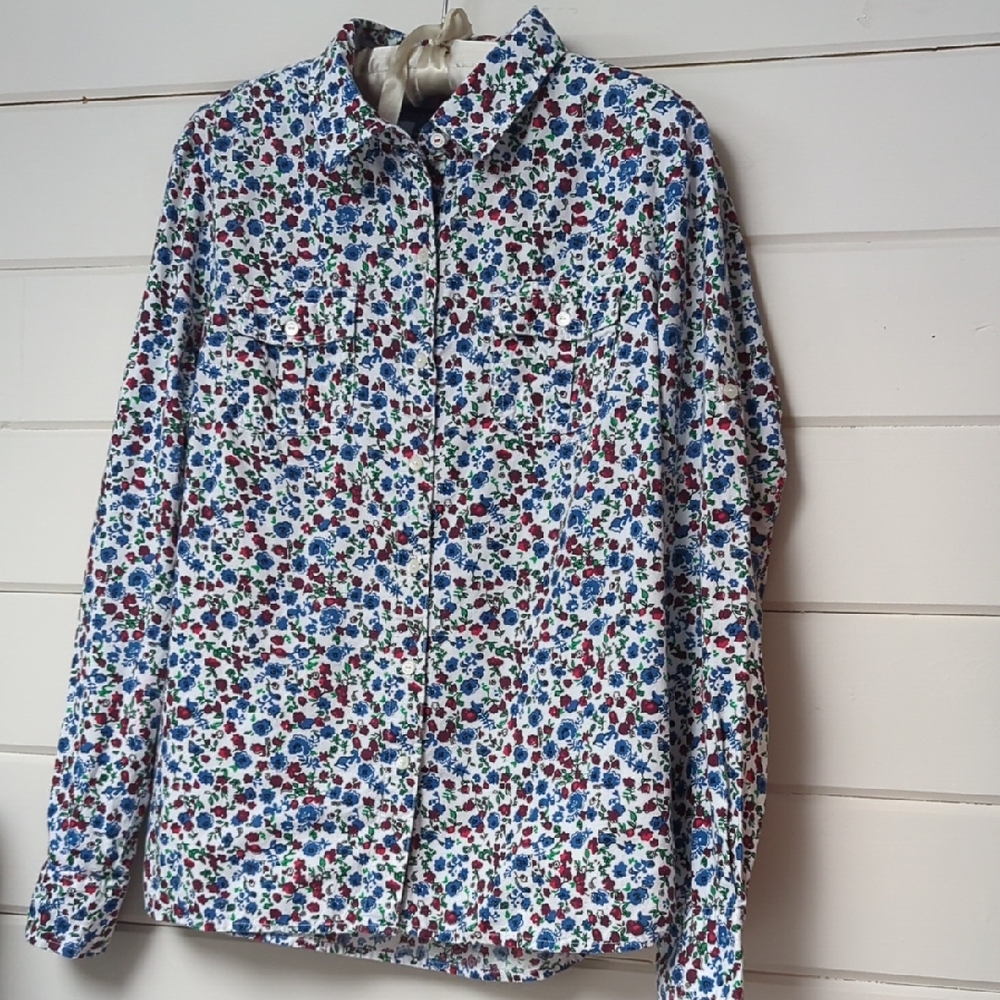 Tommy Hilfiger White Button-Up Shirt with Blue, Red & Green Floral Print